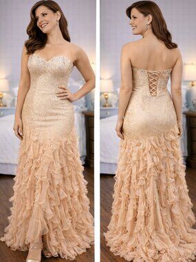 Mac Duggal Beige Lace Trumpet Formal Gown $998